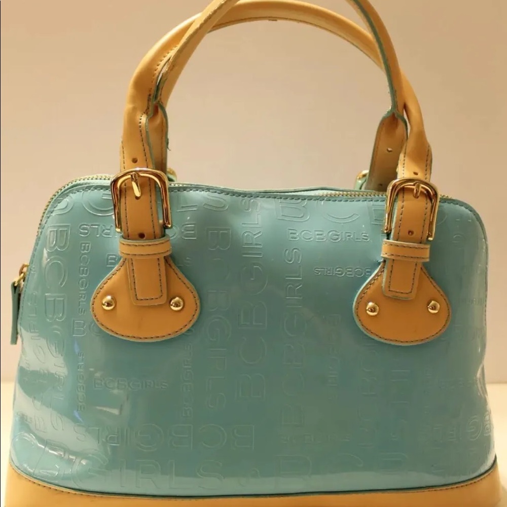 Summer Monogram BCBG Sky Blue Hobo Bag With Brown Accent Faux Leather Lined